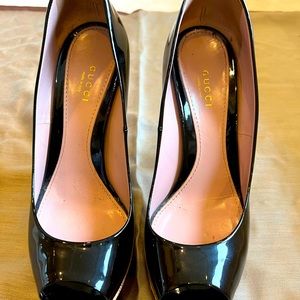 Gucci peep toe heels with corked platform